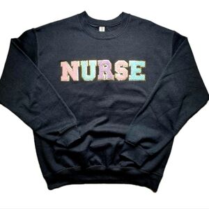 Gilden Heavy Weight "NURSE" Chenille Patch Black Pullover Sweatshirt Size M